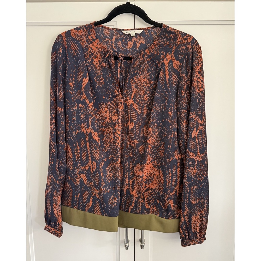 CAbi Border Wrap Blouse Women's Small Navy Orange Snake Print Tie Neck Boho Chic
